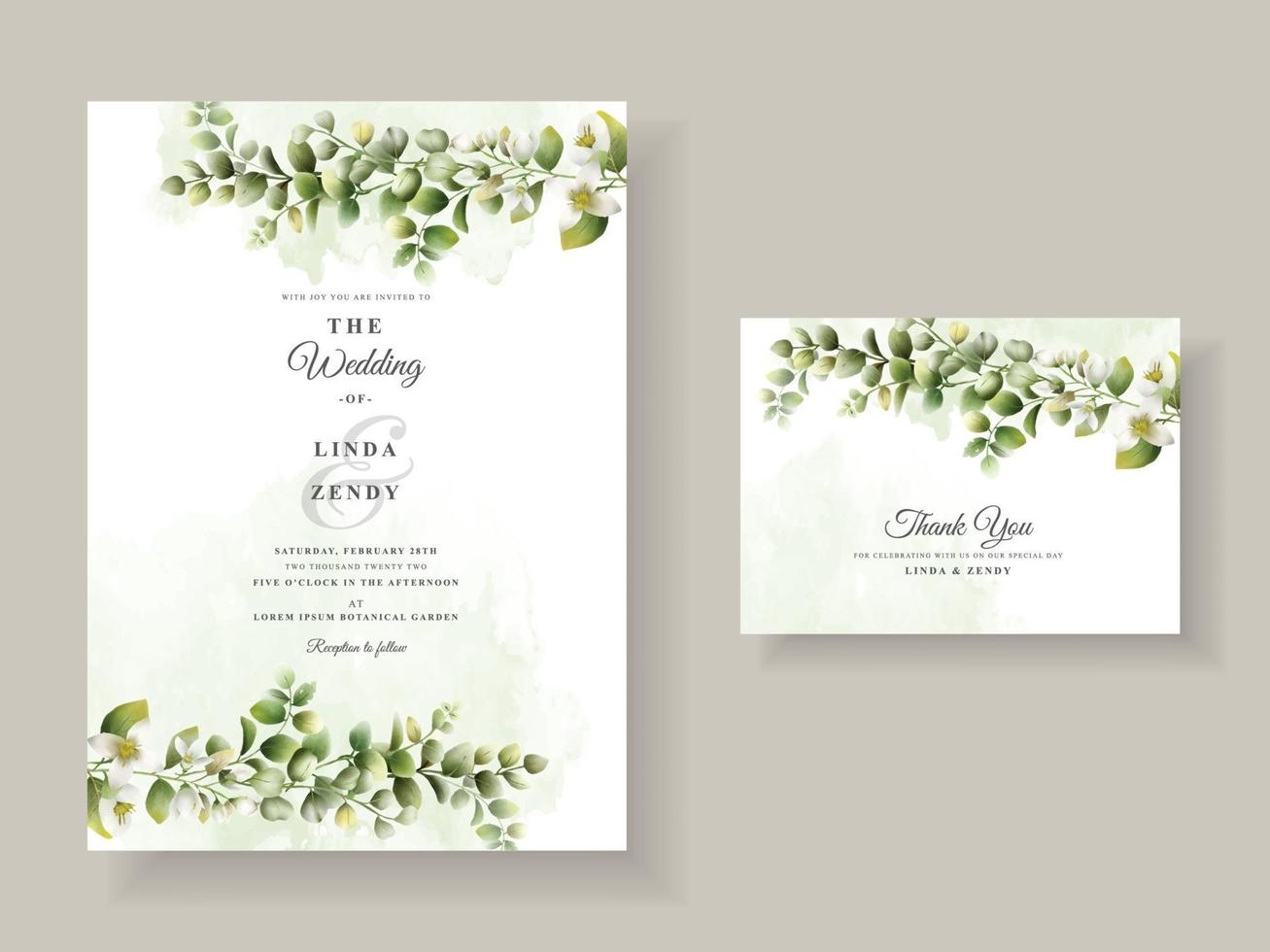 plantilla de invitación de boda dibujada a mano floral verde vector