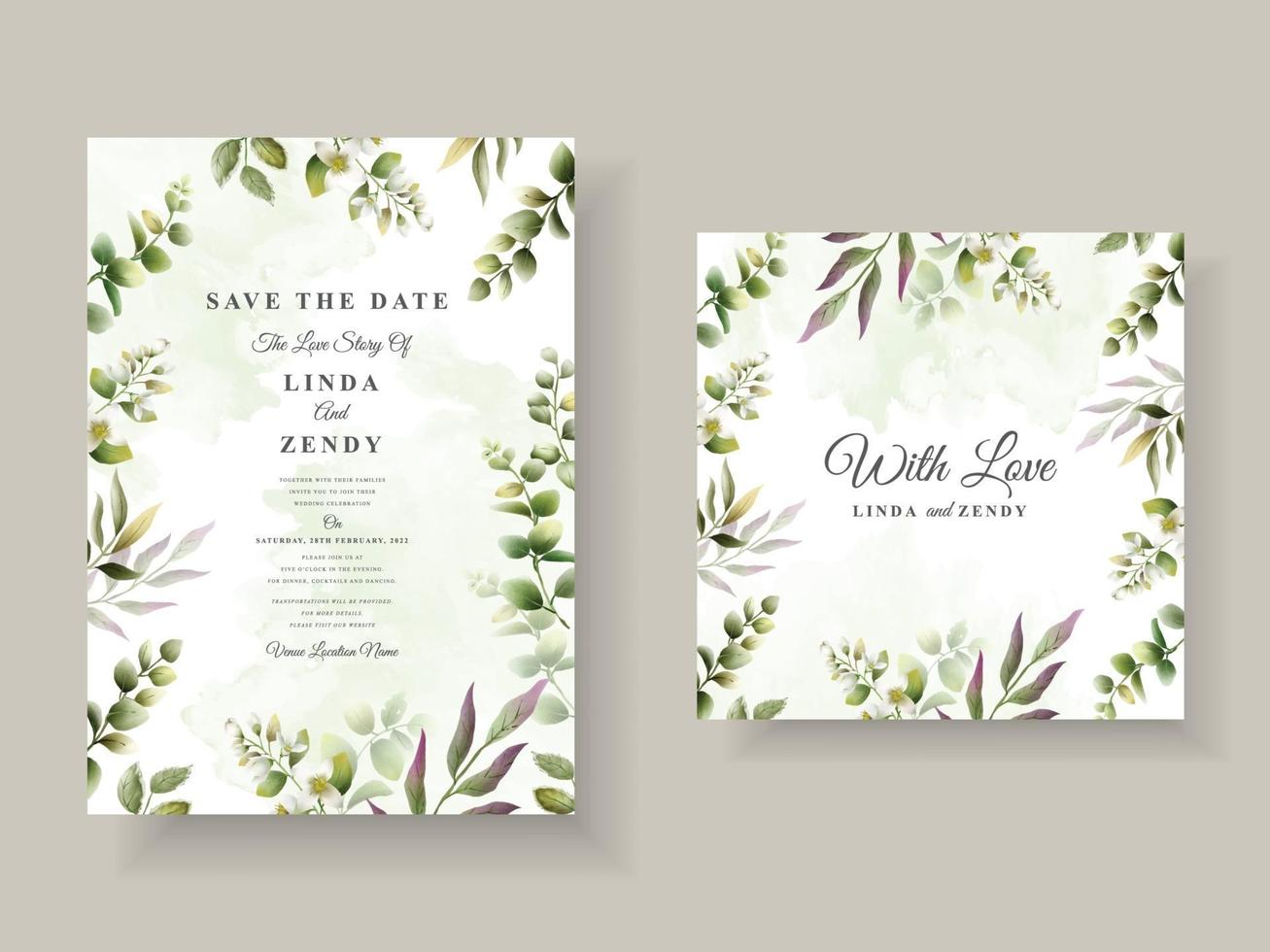 plantilla de invitación de boda dibujada a mano floral verde vector