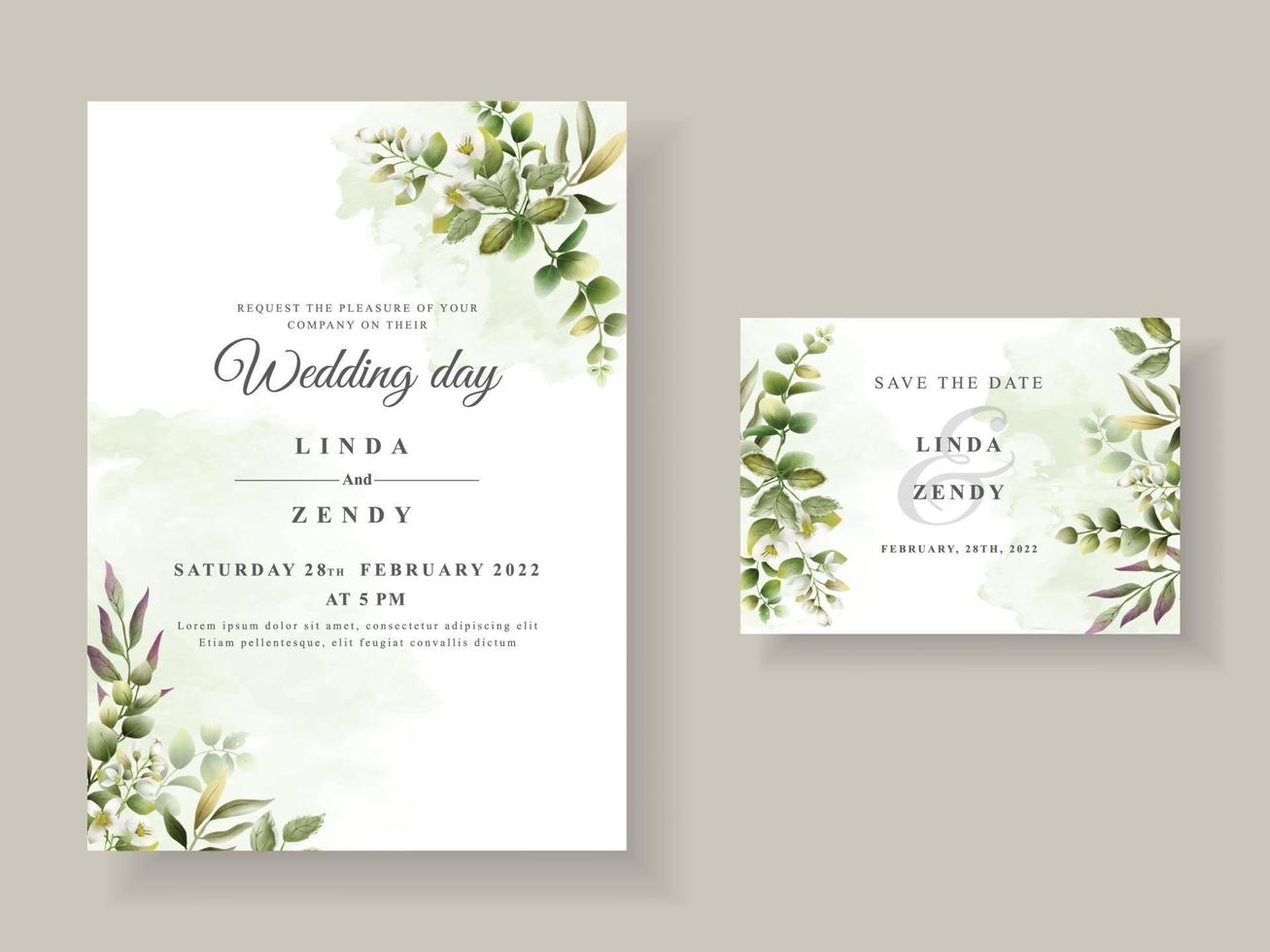 Greenery floral hand drawn wedding invitation template vector