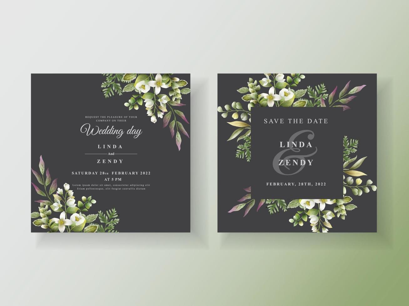 plantilla de invitación de boda dibujada a mano floral verde vector