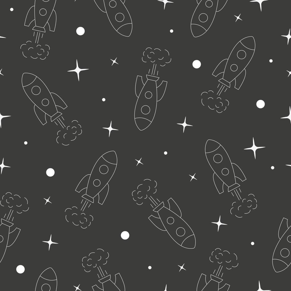 Outline rocket in space seamless pattern vector