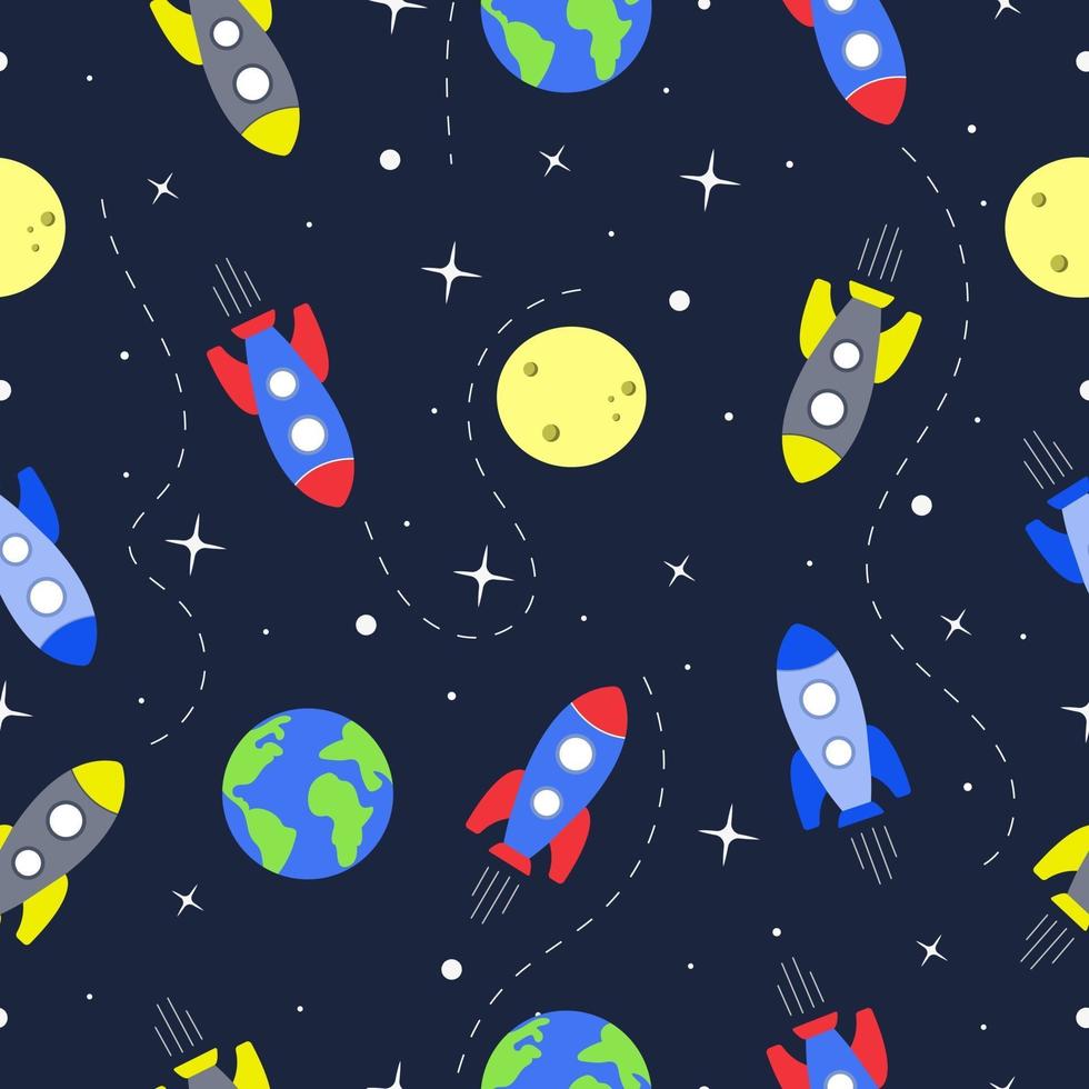 Seamless pattern with rocket and planet on space vector