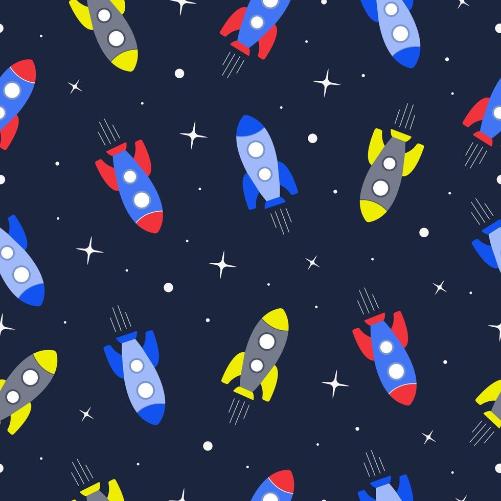 Seamless pattern with rocket on space. Colourful vector illustration.