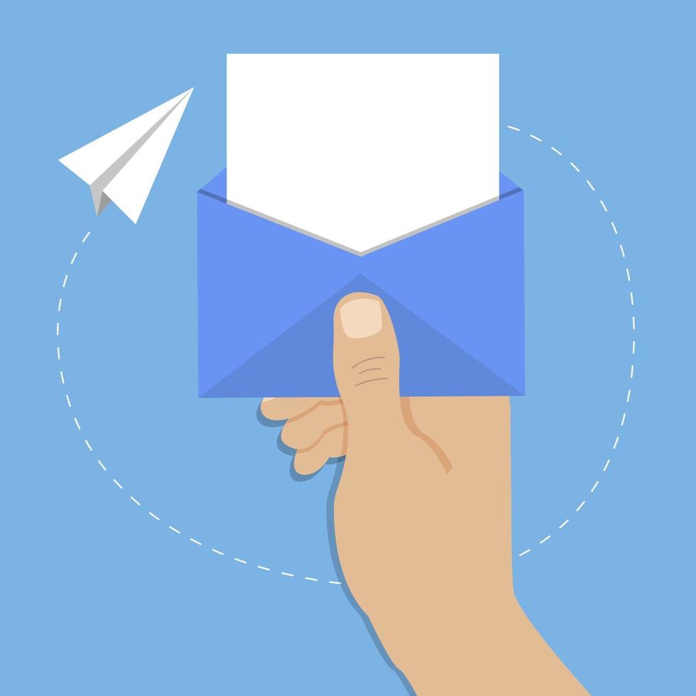 Hand hold open blue postal envelope, around flying paper plane vector