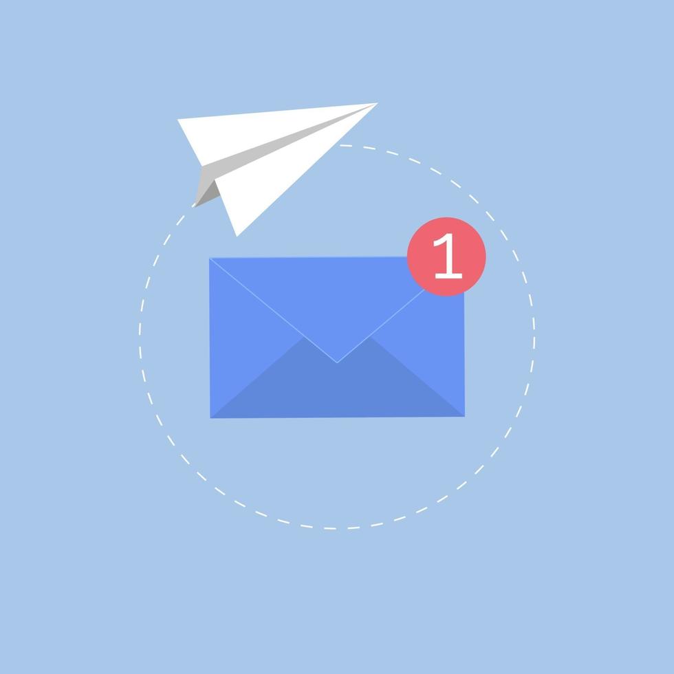 The concept of a mail message, SMS. Paper airplane and postal envelope vector
