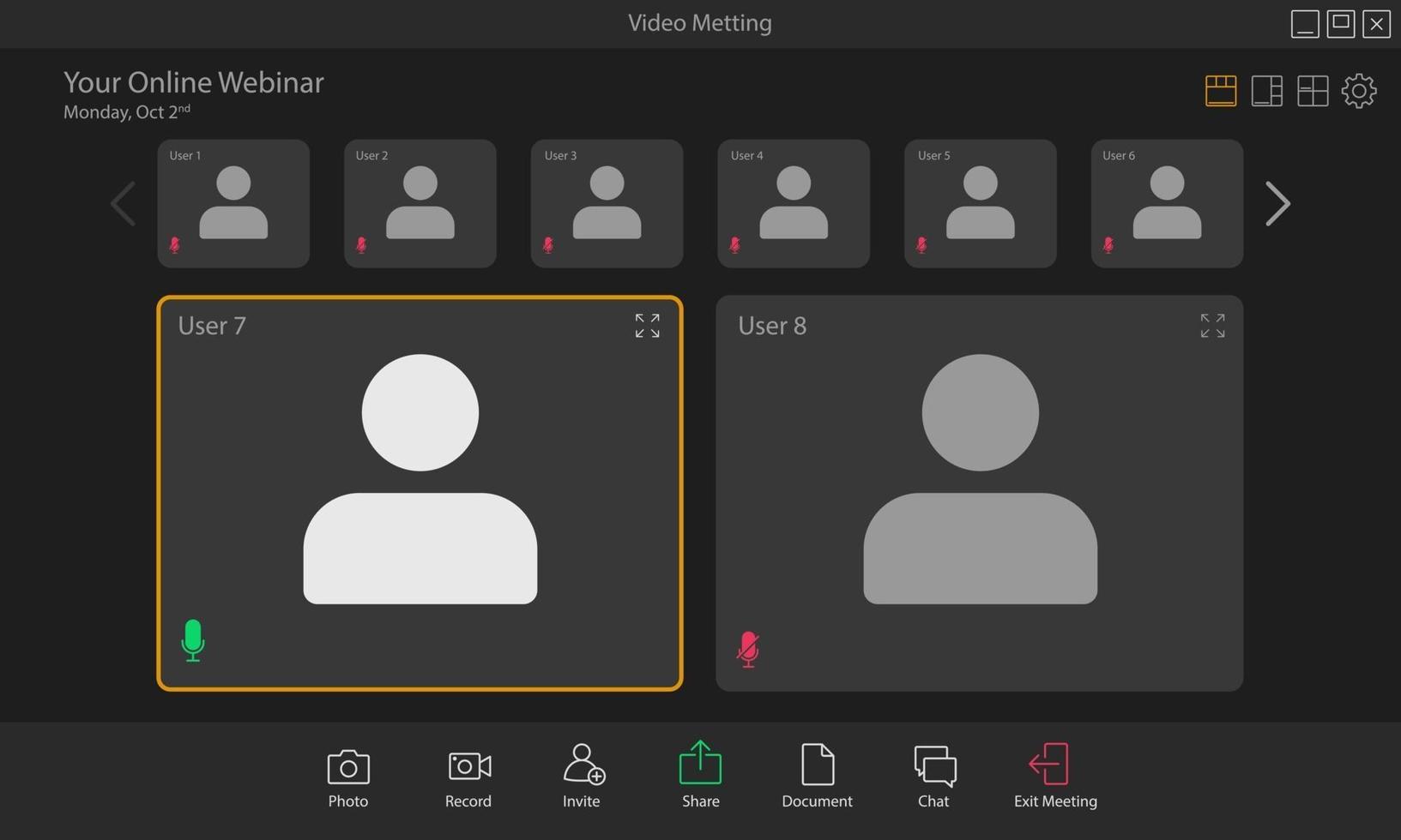 Flat vector illustration of video conference app layout.