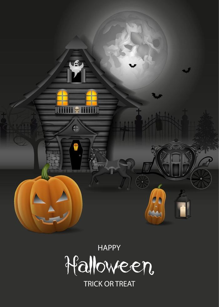 Fondo de halloween con casa embrujada y calabazas. vector