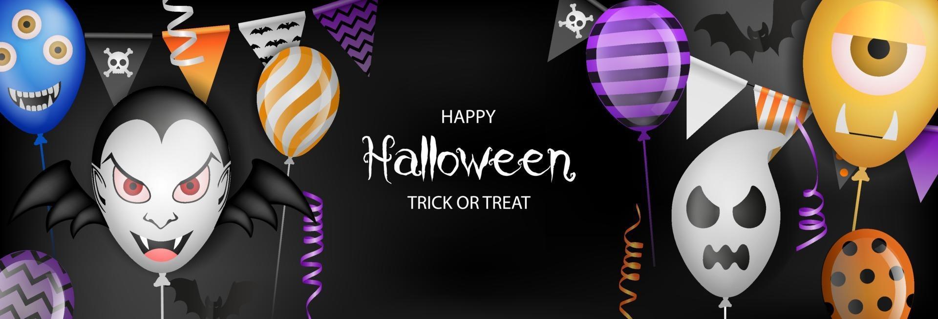 happy halloween banner with party balloons, pennants and streamers vector