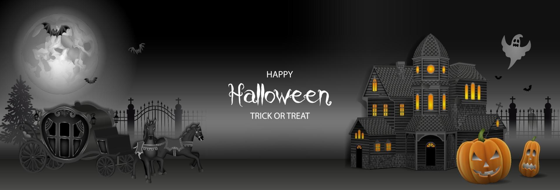 banner de halloween con casa embrujada, calabazas y carruaje viejo vector