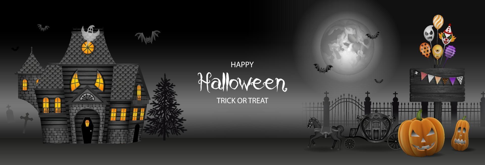 halloween banner with haunted house, pumpkins and party balloons vector