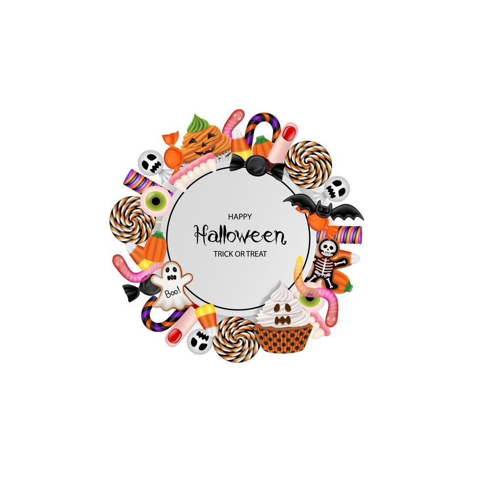 Fondo de halloween con dulces, cupcakes y galletas. vector