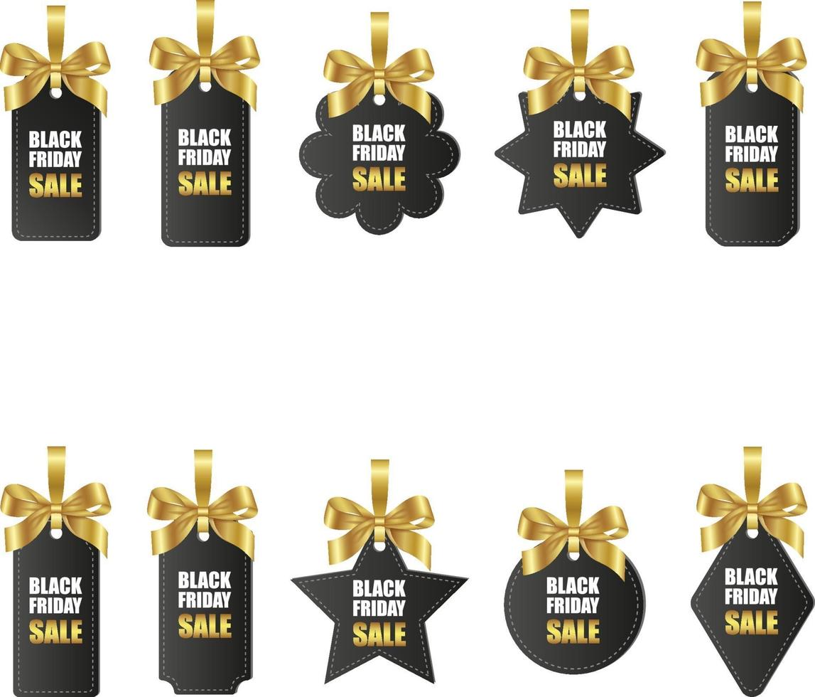 set of black friday price tags with gold bows and ribbons vector