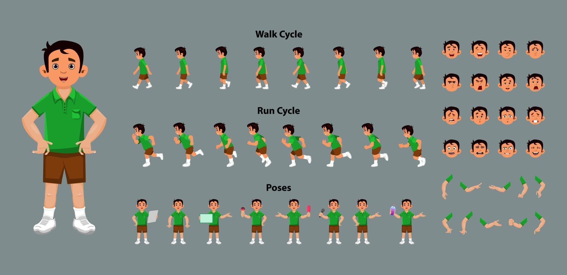 Boy character with walk cycle and run cycle animation key frames vector