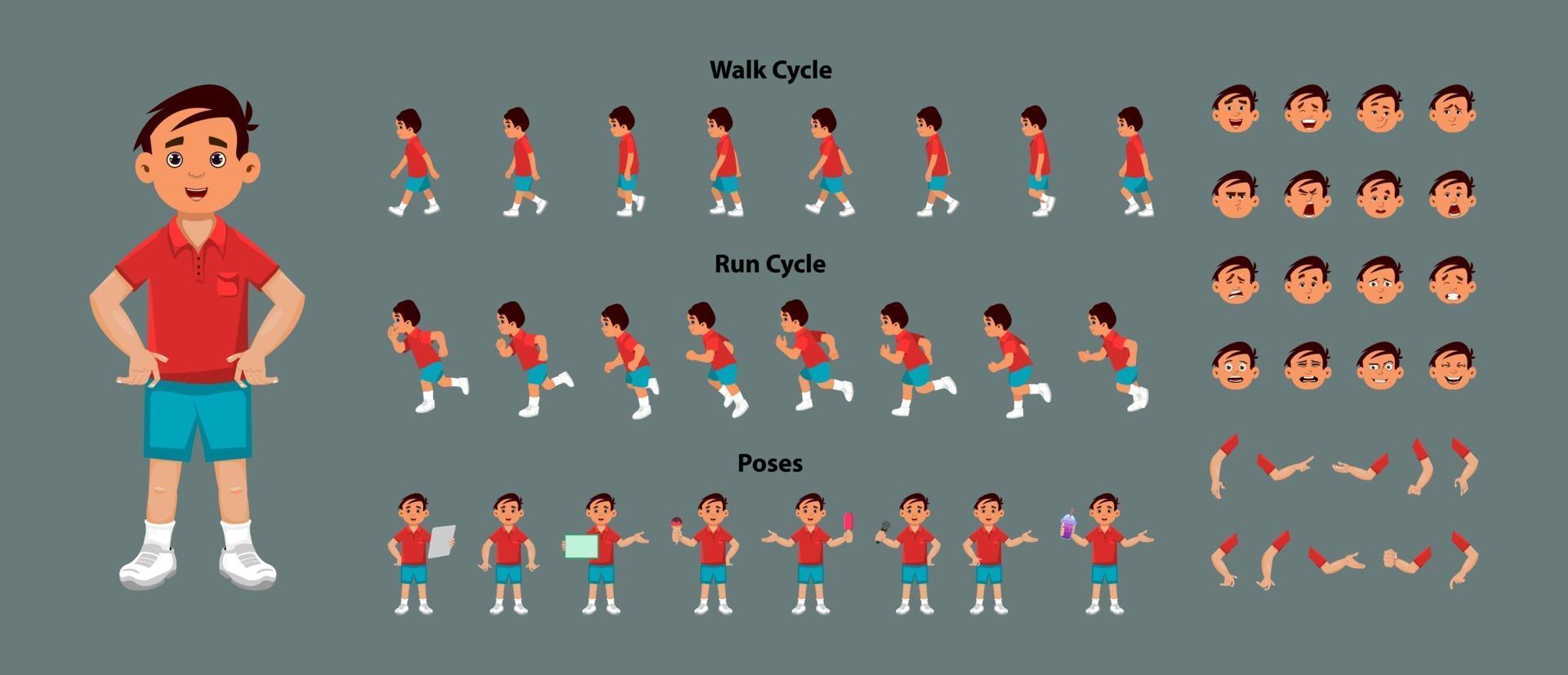 Boy walk cycle and run cycle animation sequence  with poses vector