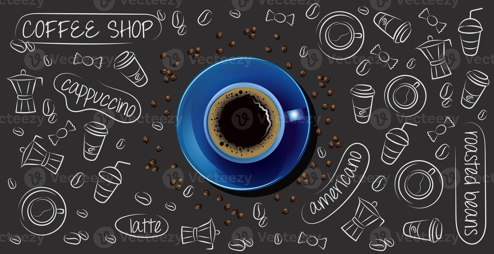 Coffee background with realistic cup of coffee photo