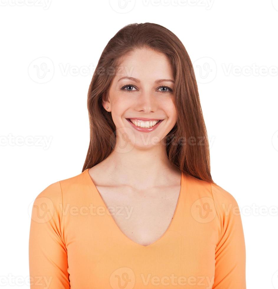 Beautiful woman in an orange shirt photo