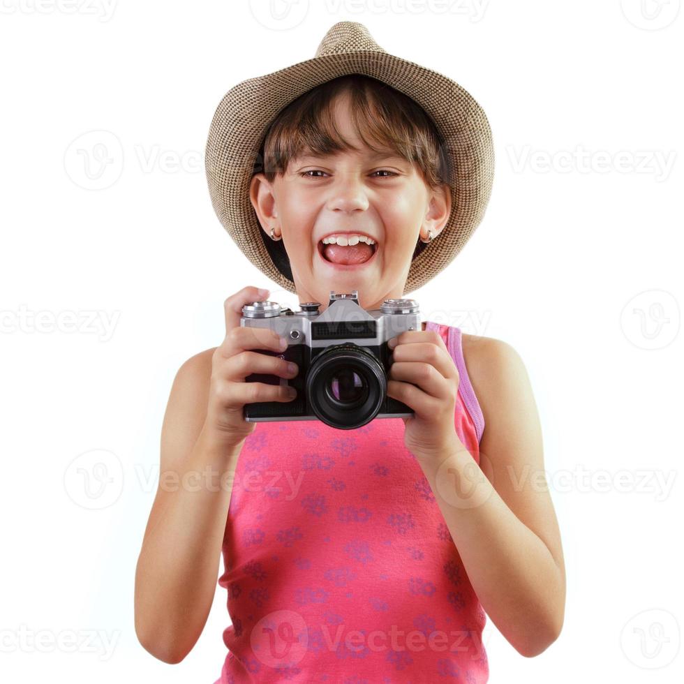 chica alegre con una camara foto