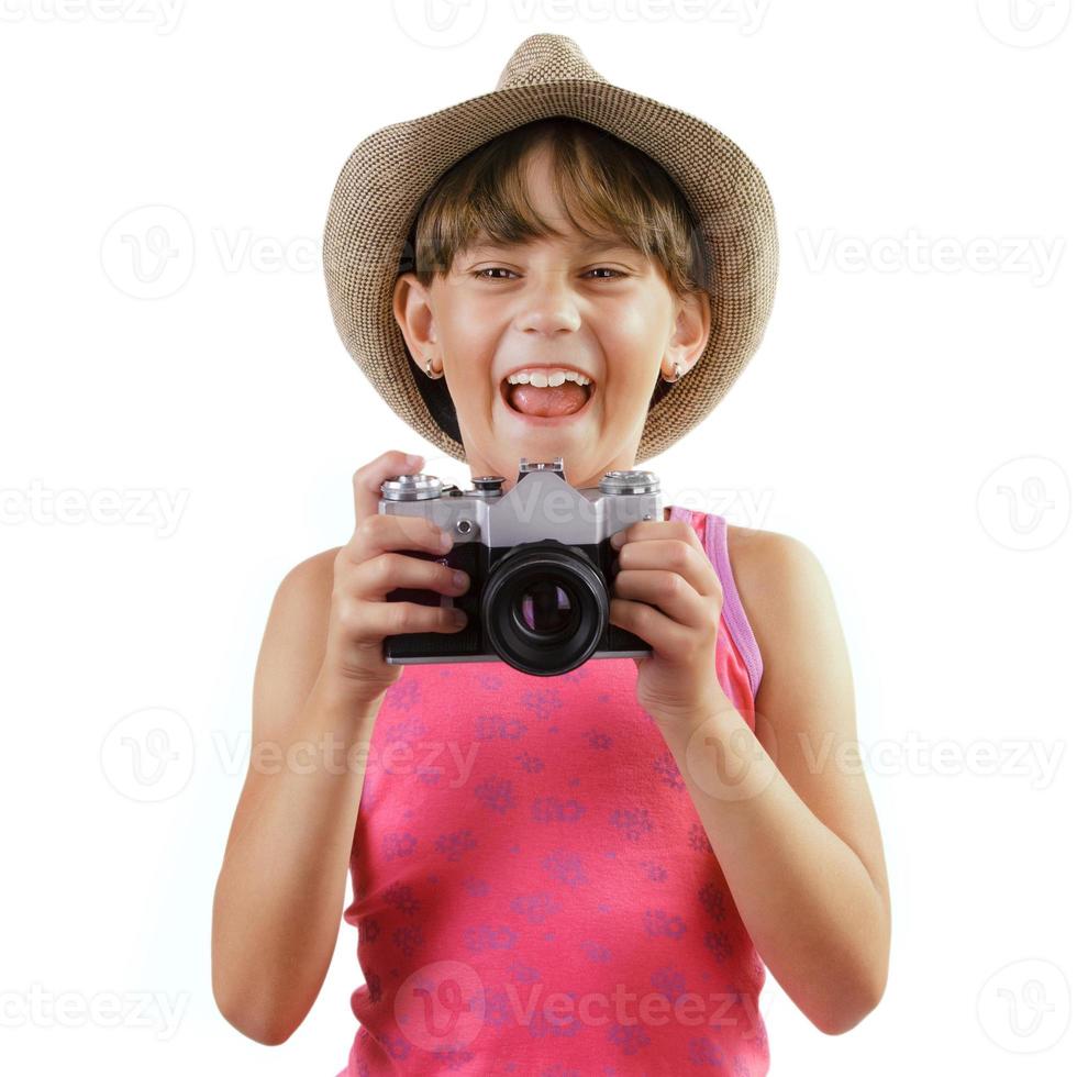 chica alegre con una camara foto