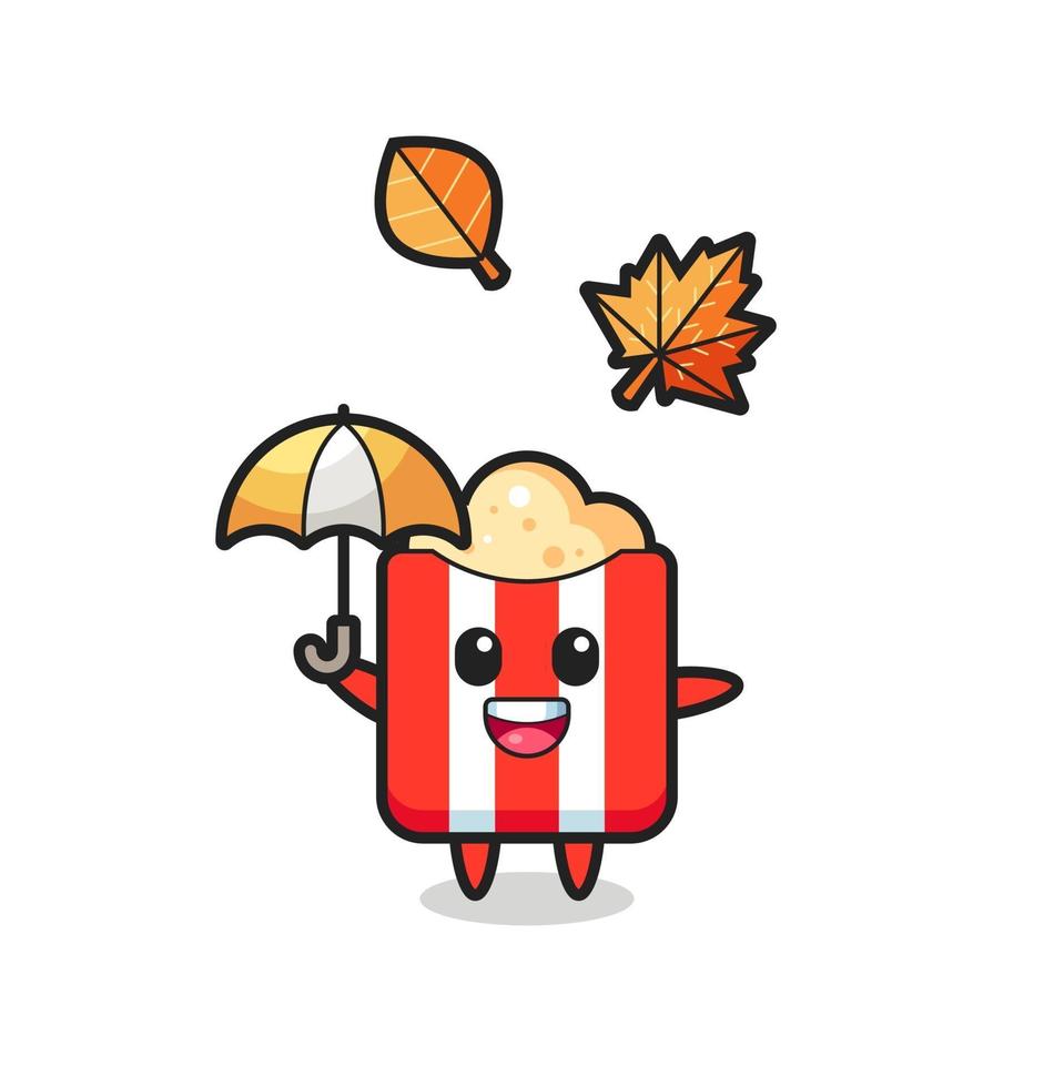 cartoon of the cute popcorn holding an umbrella in autumn vector