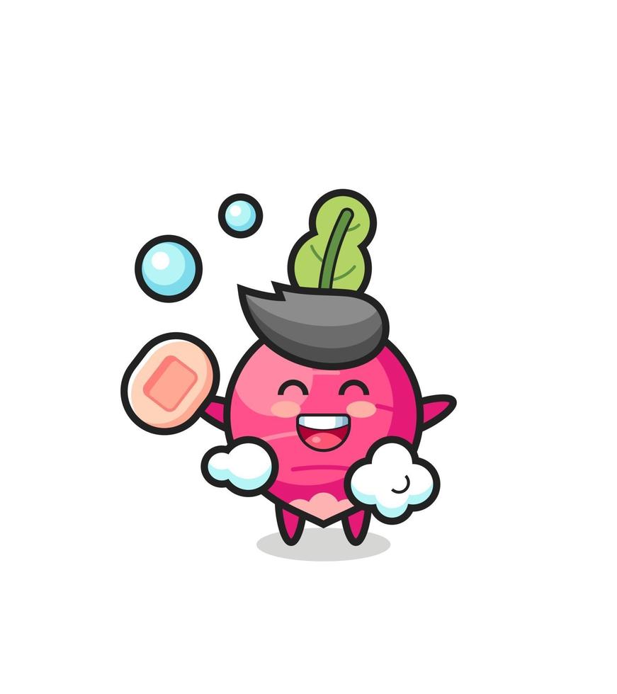 radish character is bathing while holding soap vector