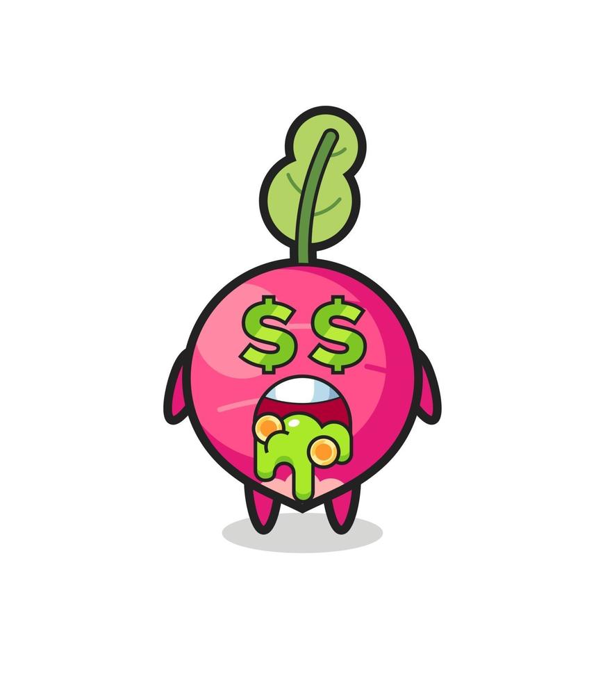 radish character with an expression of crazy about money vector