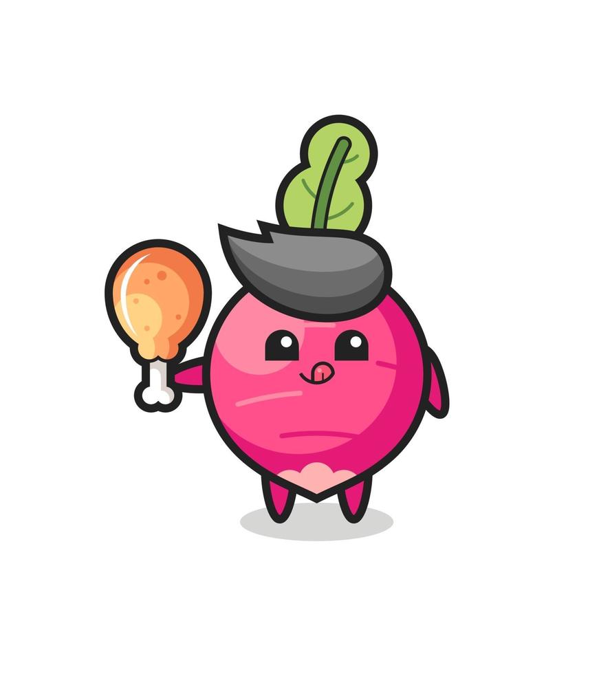 radish cute mascot is eating a fried chicken vector