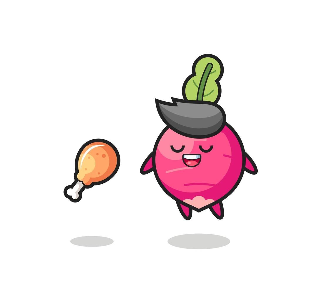 cute radish floating and tempted because of fried chicken vector