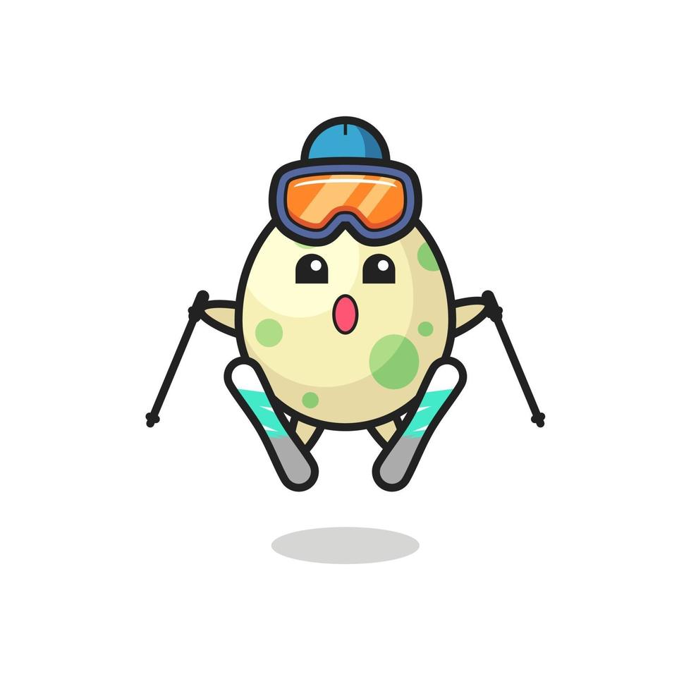 Personaje de mascota de huevo manchado como jugador de esquí. vector