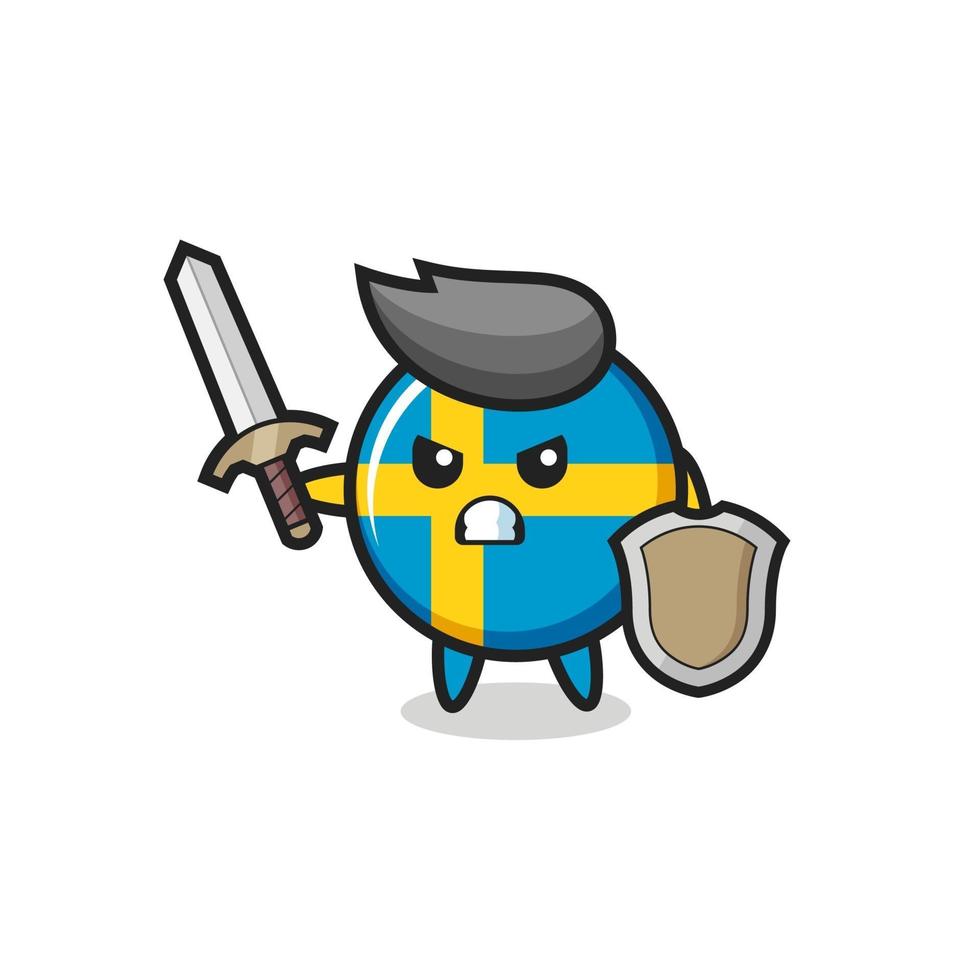 cute sweden flag badge soldier fighting with sword and shield vector