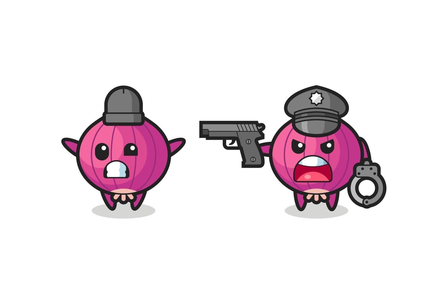 illustration of onion robber with hands up pose caught by police vector