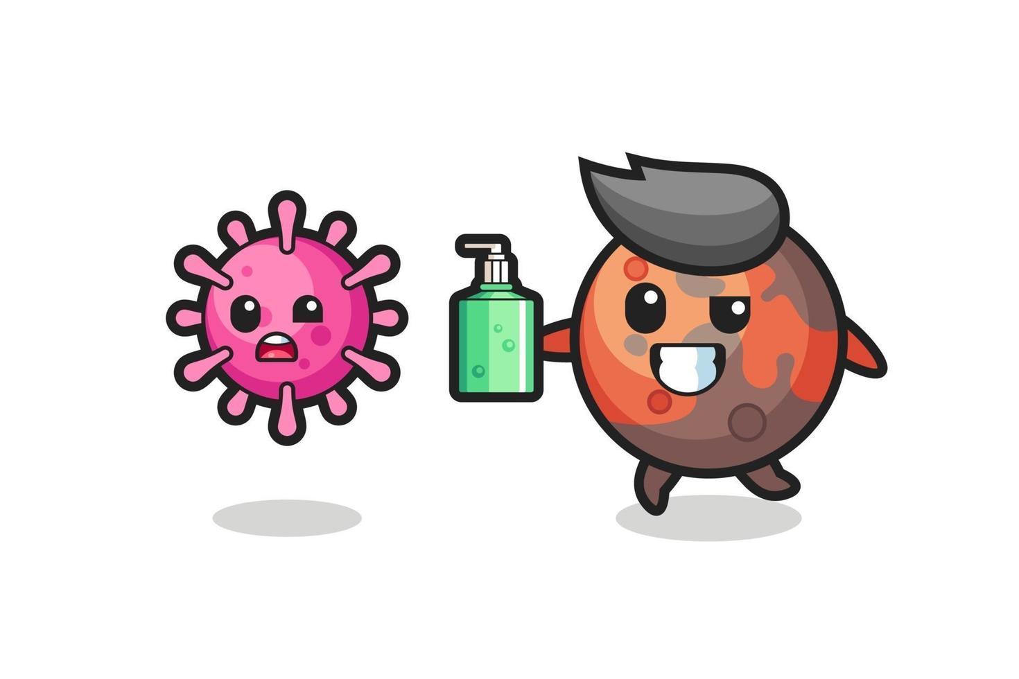 Ilustración del personaje de Marte persiguiendo el virus maligno con desinfectante de manos vector