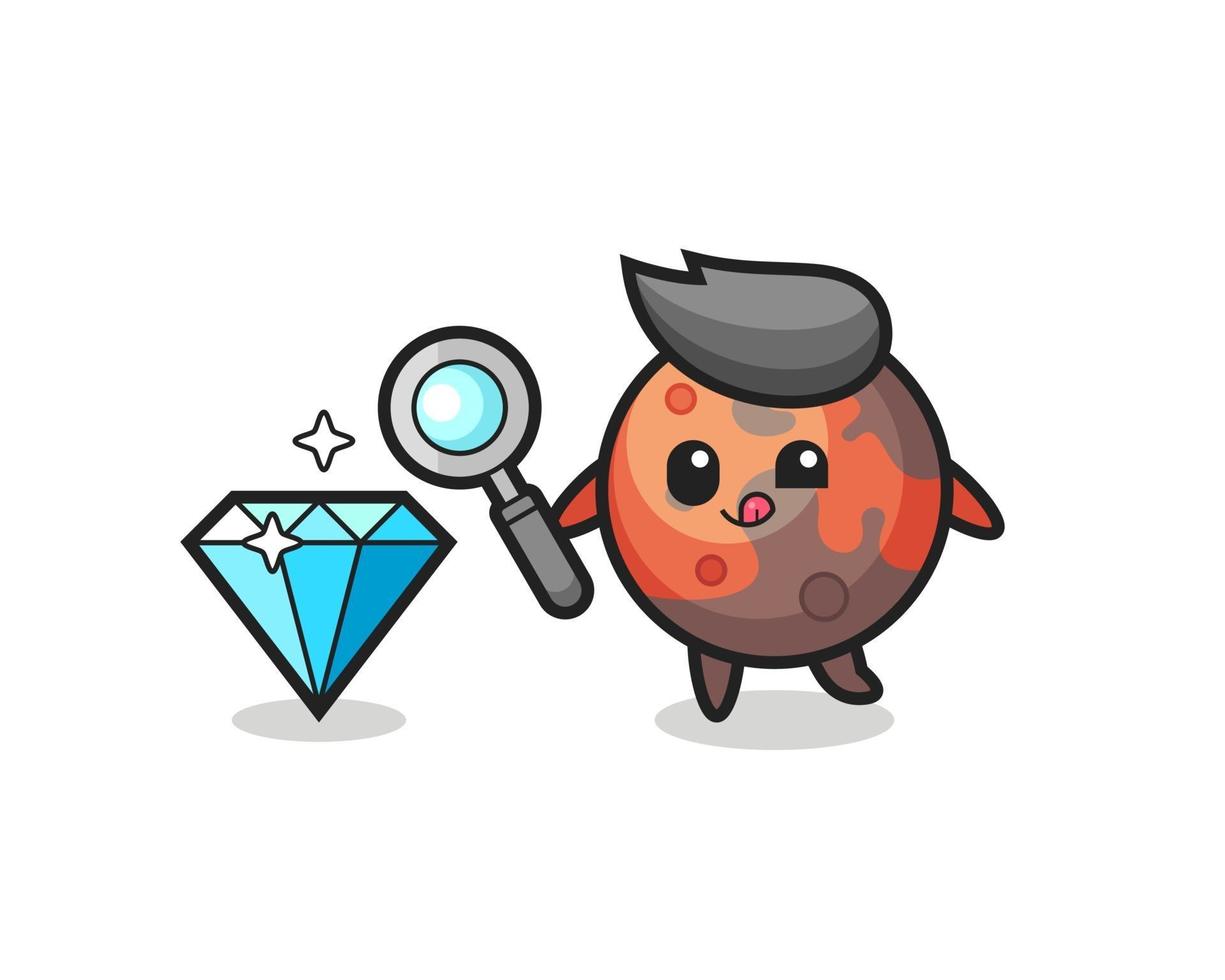 mars mascot is checking the authenticity of a diamond vector