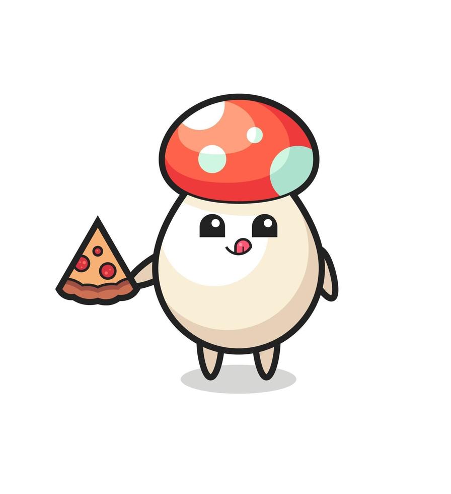 cute mushroom cartoon eating pizza vector