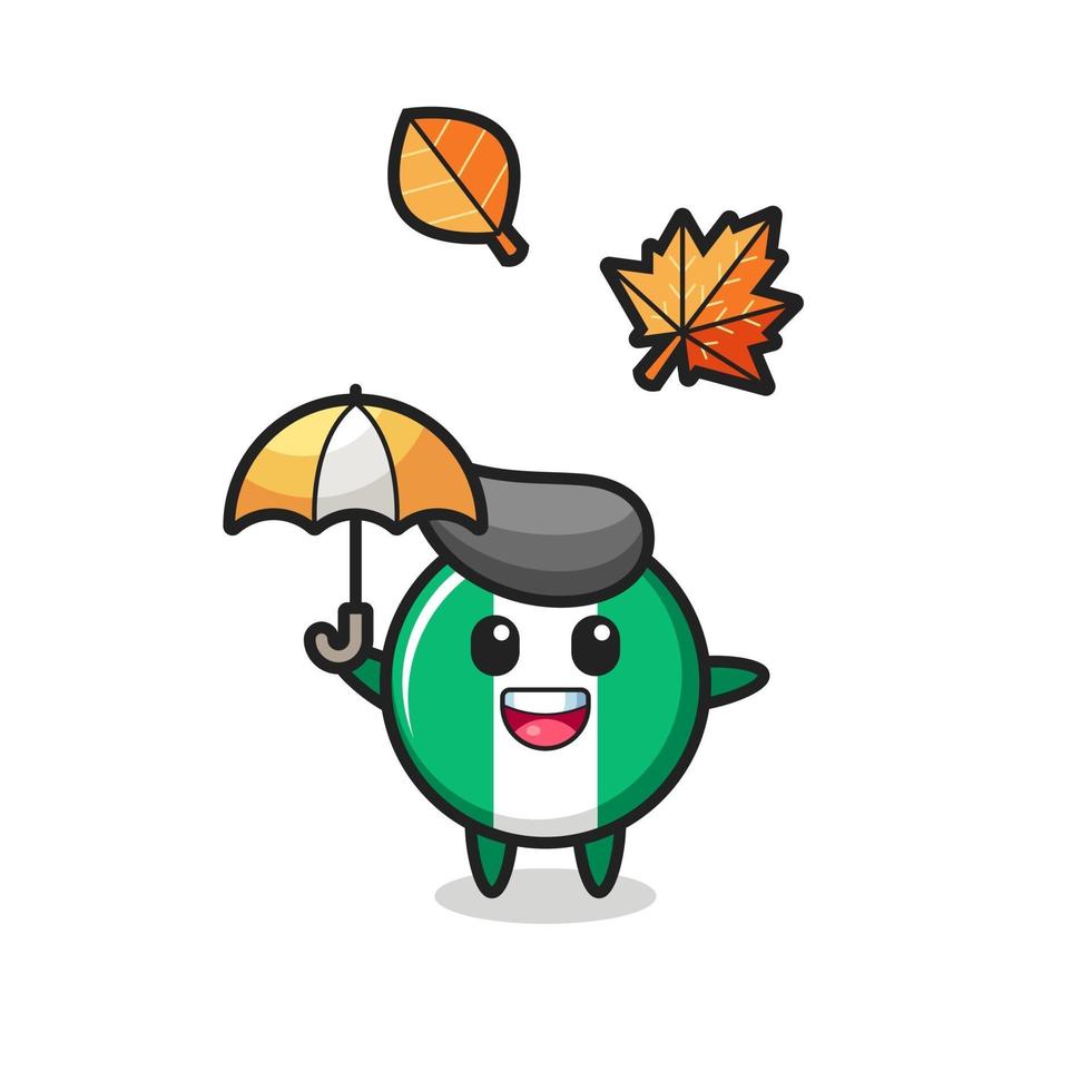 cartoon of the cute nigeria flag badge holding an umbrella in autumn vector