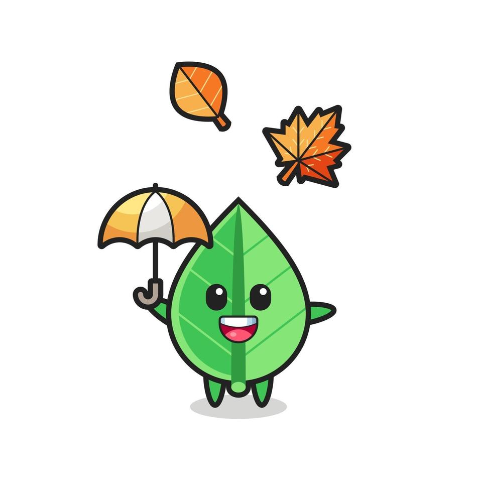 caricatura de la linda hoja sosteniendo un paraguas en otoño vector