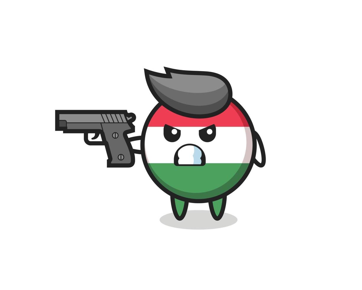 el lindo personaje de la insignia de la bandera de hungría dispara con una pistola vector