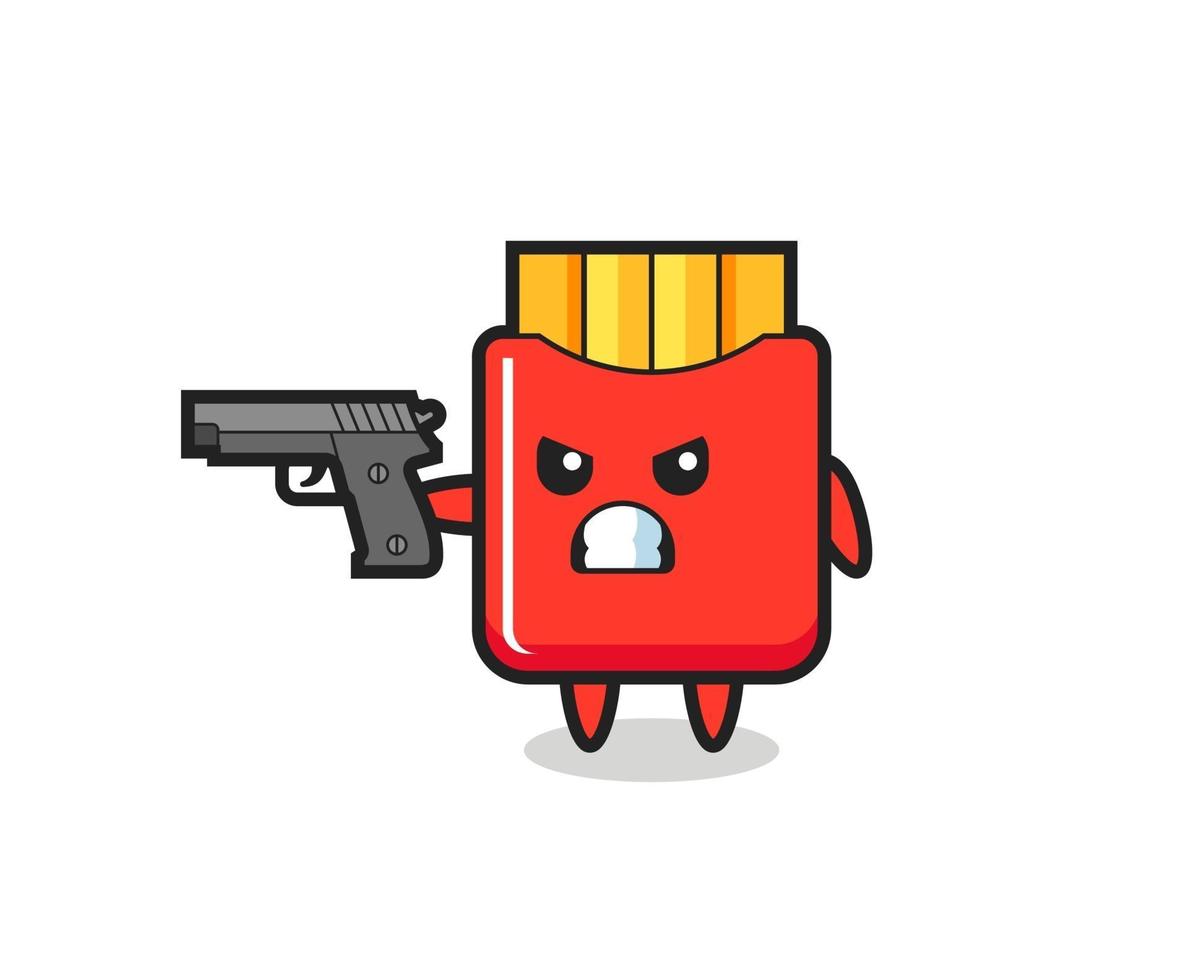 el lindo personaje de papas fritas dispara con una pistola vector