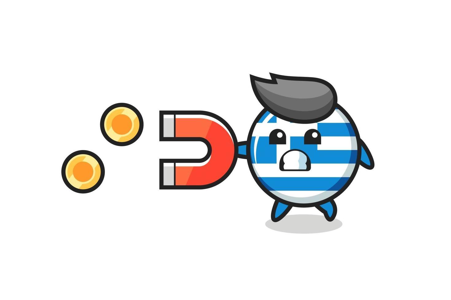 the character of greece flag hold a magnet to catch the gold coins vector