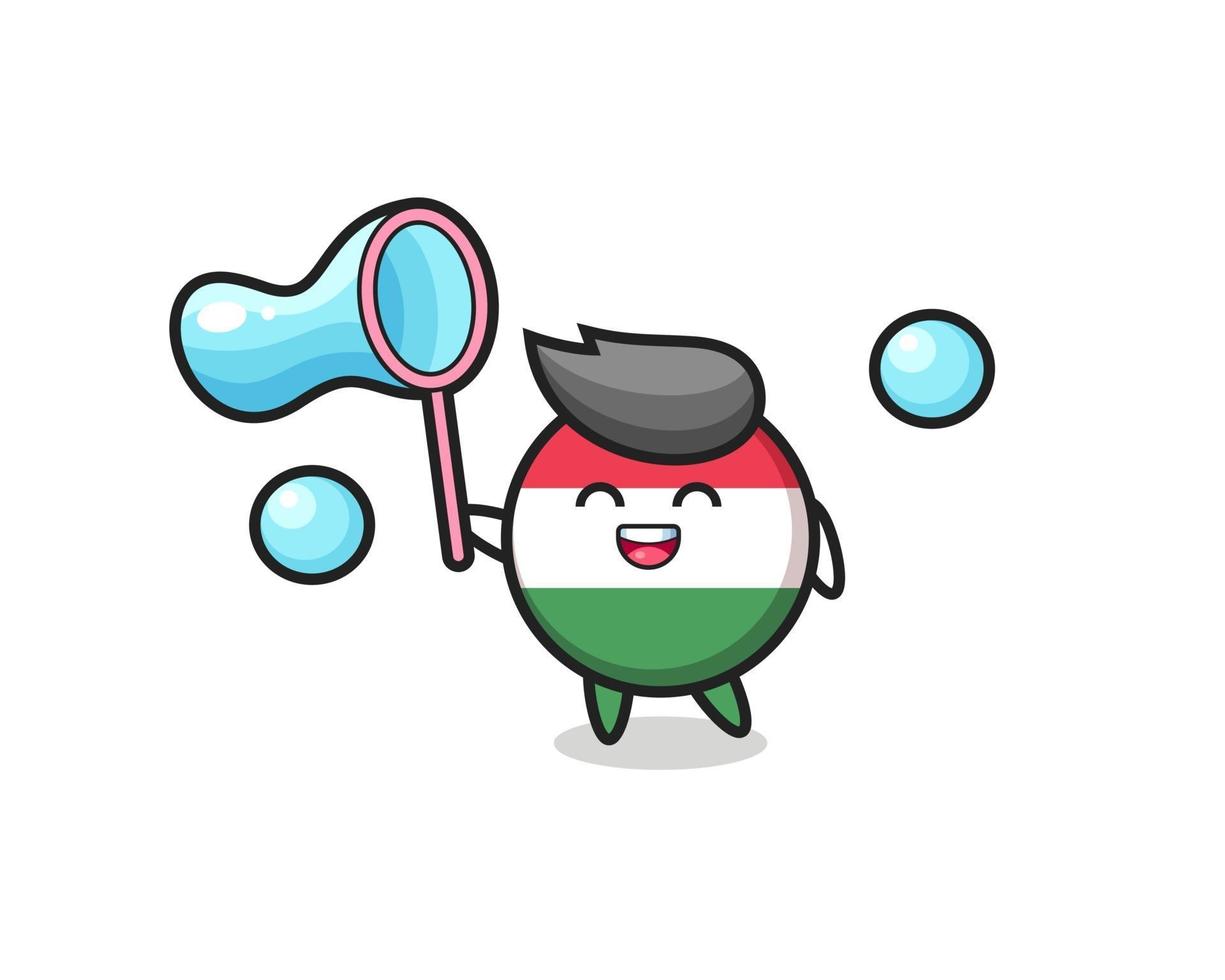 happy hungary flag badge cartoon playing soap bubble vector