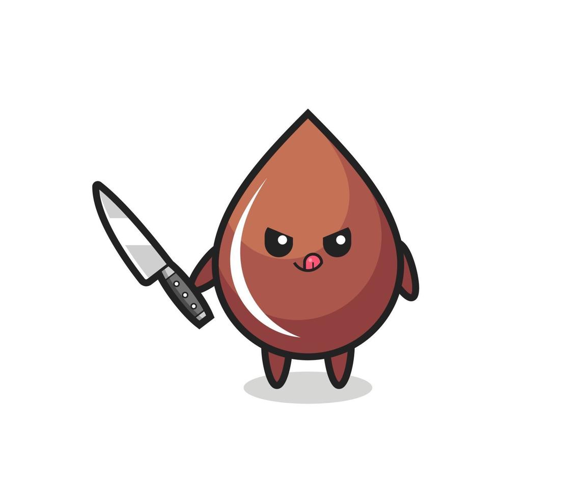 cute chocolate drop mascot as a psychopath holding a knife vector