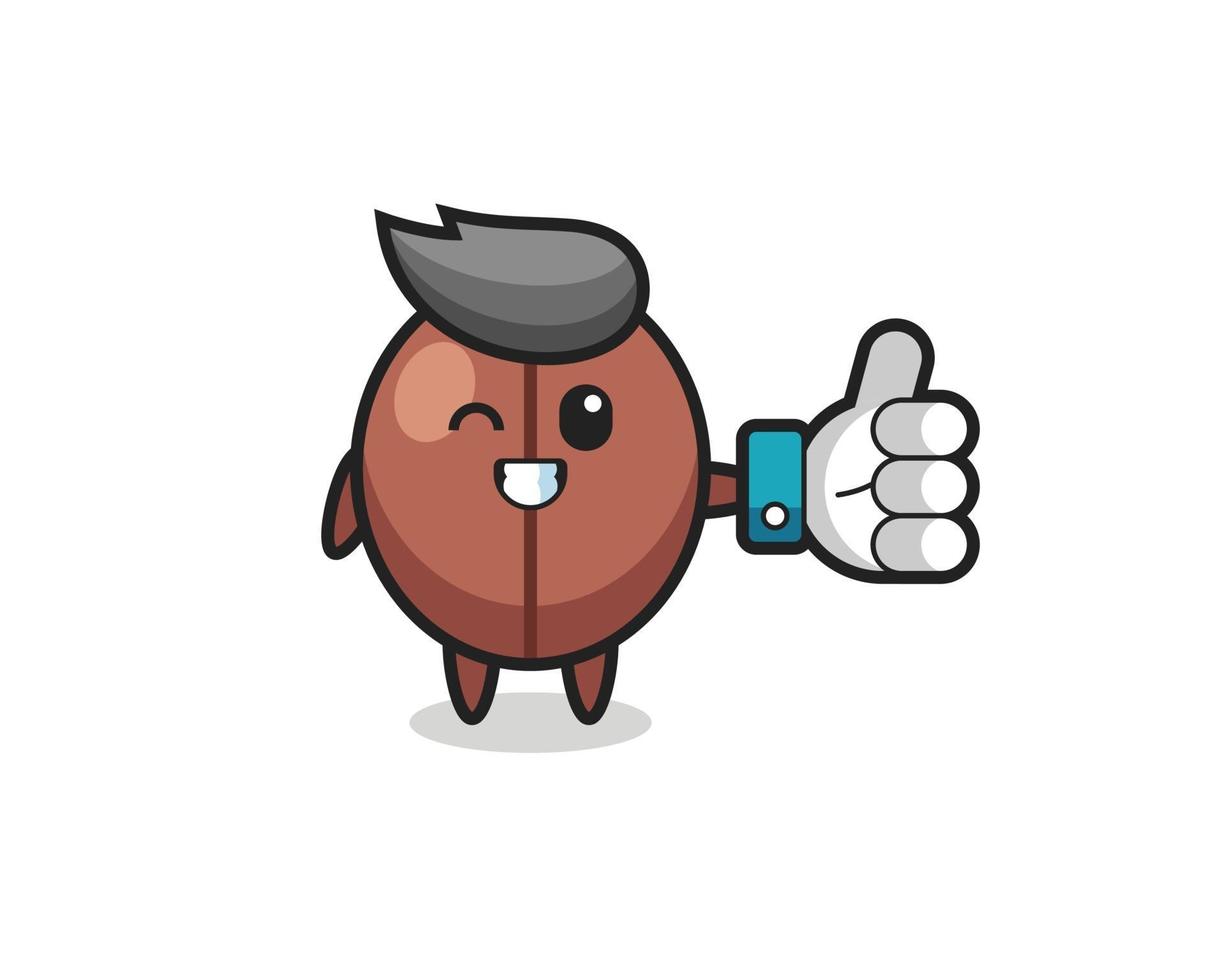 cute coffee bean with social media thumbs up symbol vector