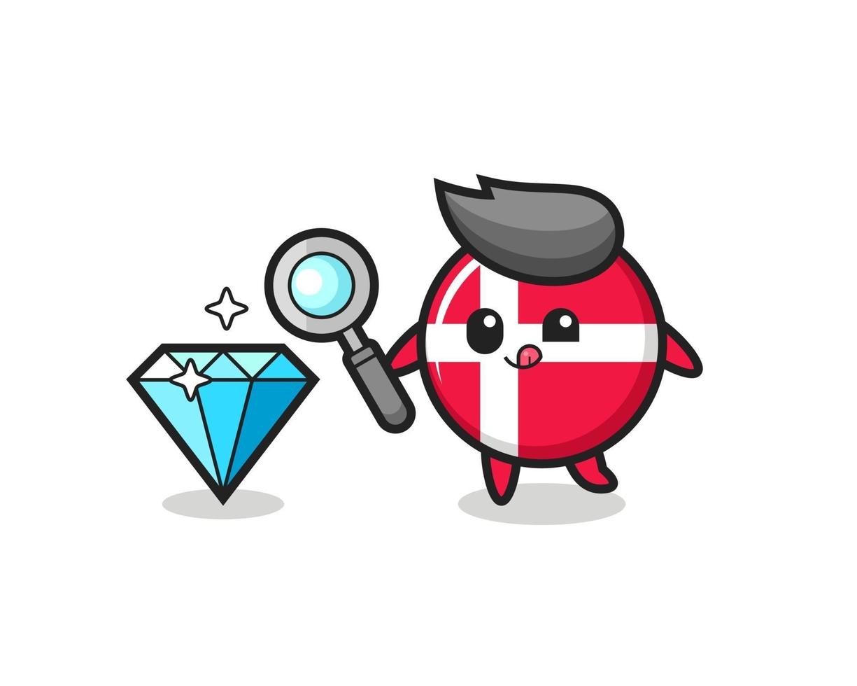 denmark flag badge mascot is checking the authenticity of a diamond vector