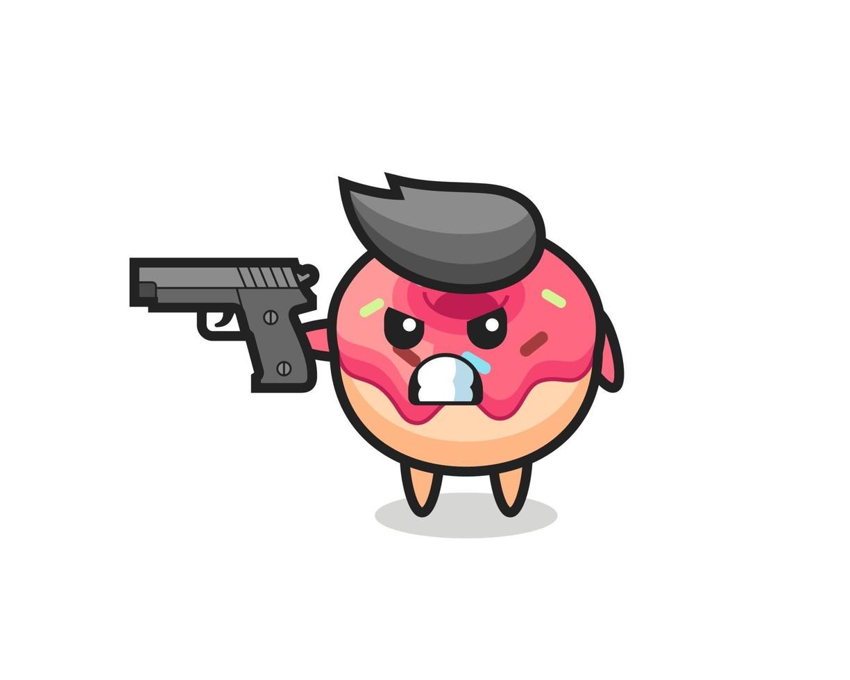 the cute doughnut character shoot with a gun vector