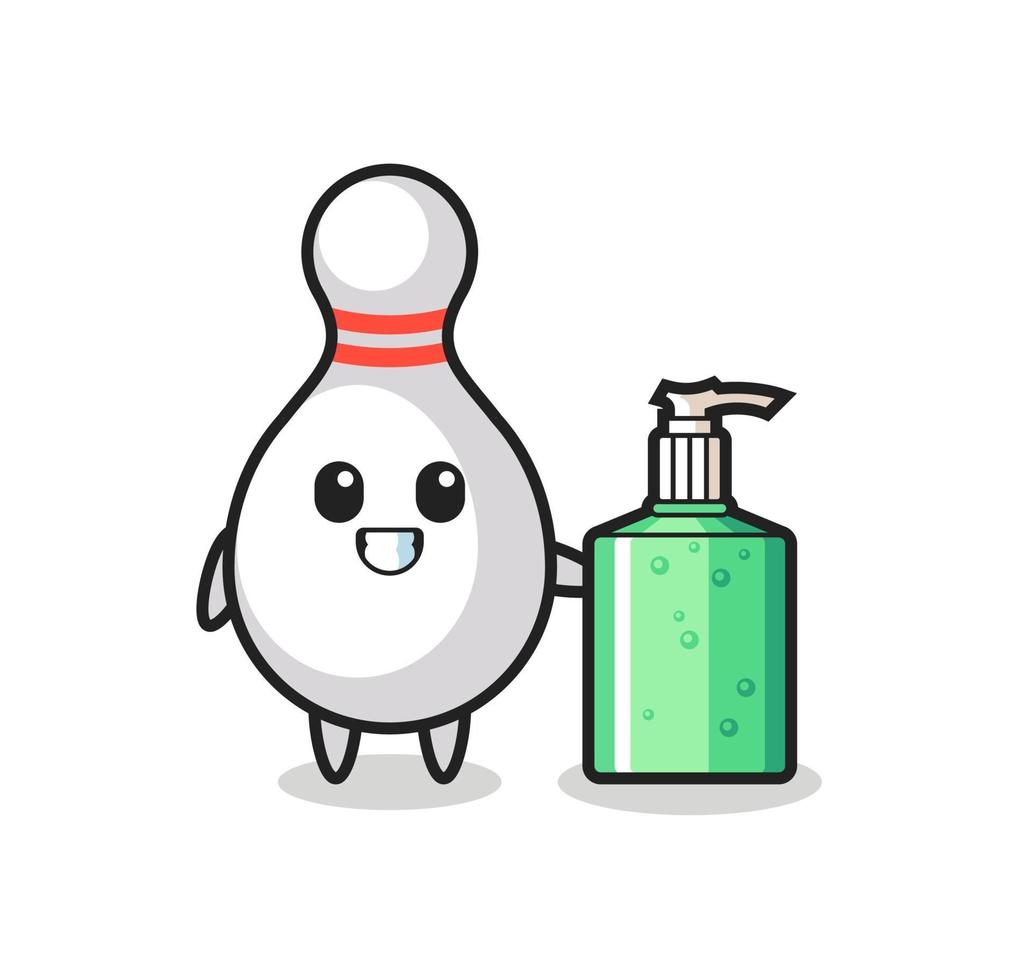 cute bowling pin cartoon with hand sanitizer vector