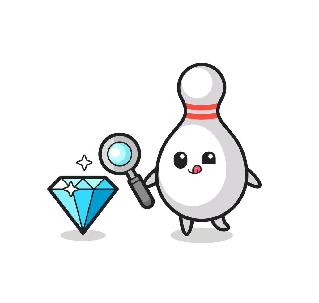 bowling pin mascot is checking the authenticity of a diamond vector