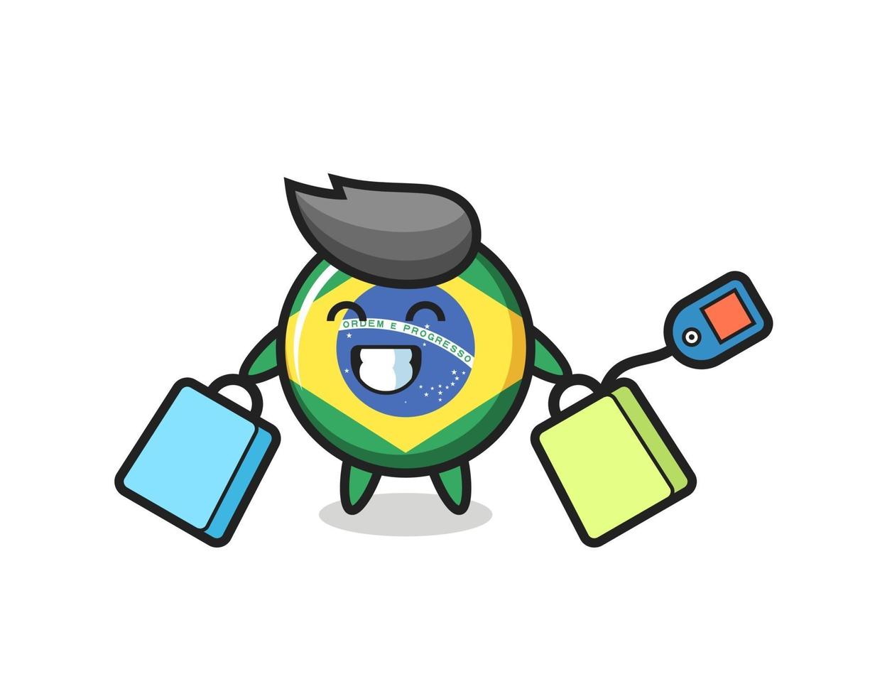 brazil flag badge mascot cartoon holding a shopping bag vector