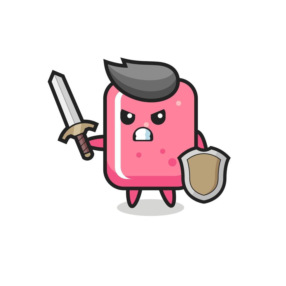 cute bubble gum soldier fighting with sword and shield vector