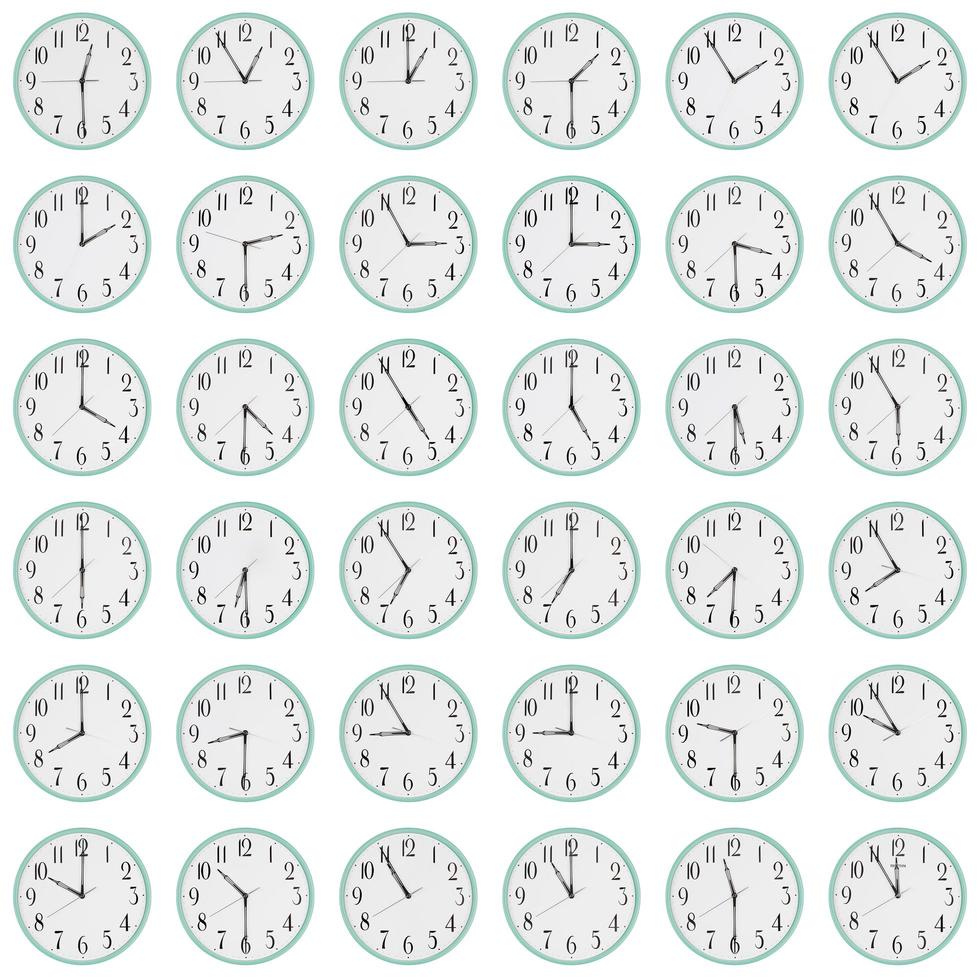 Many clocks show different time on the dials photo