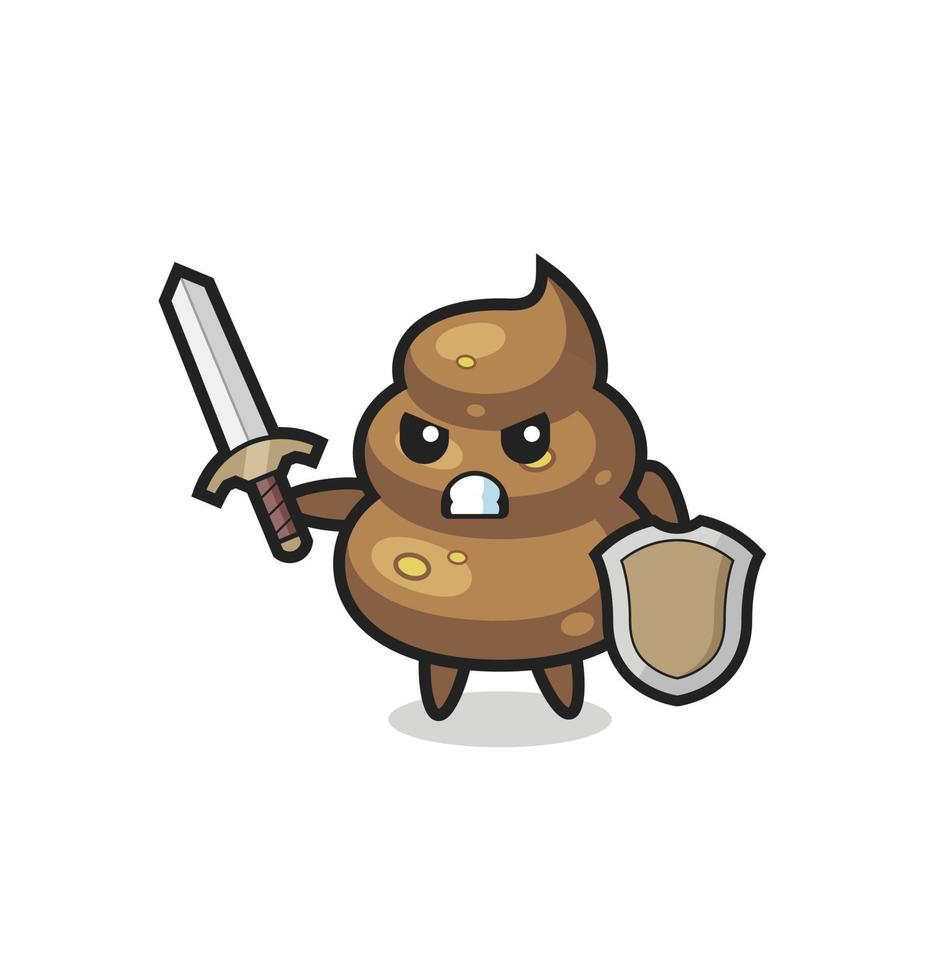 cute poop soldier fighting with sword and shield vector