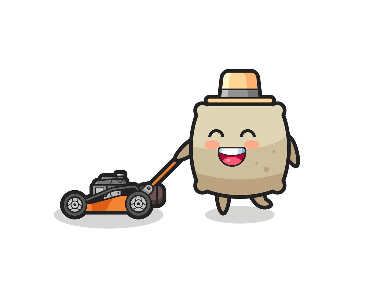 illustration of the sack character using lawn mower vector